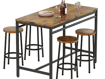 Rustic Wooden Top Dining Table Set With Metal Frame And Four Bar Stools 3d model
