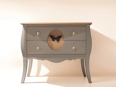 Elegant Gray Console Table With Drawers Golden Knobs Butterfly Decor Wooden Top And Curved Legs 3d model