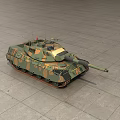 Camouflage Military Tank Parked In Large Warehouse With Red Tower Structure