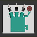 Green Electrical Transformer With Black Coils White Insulators And Red Component In White Display Box