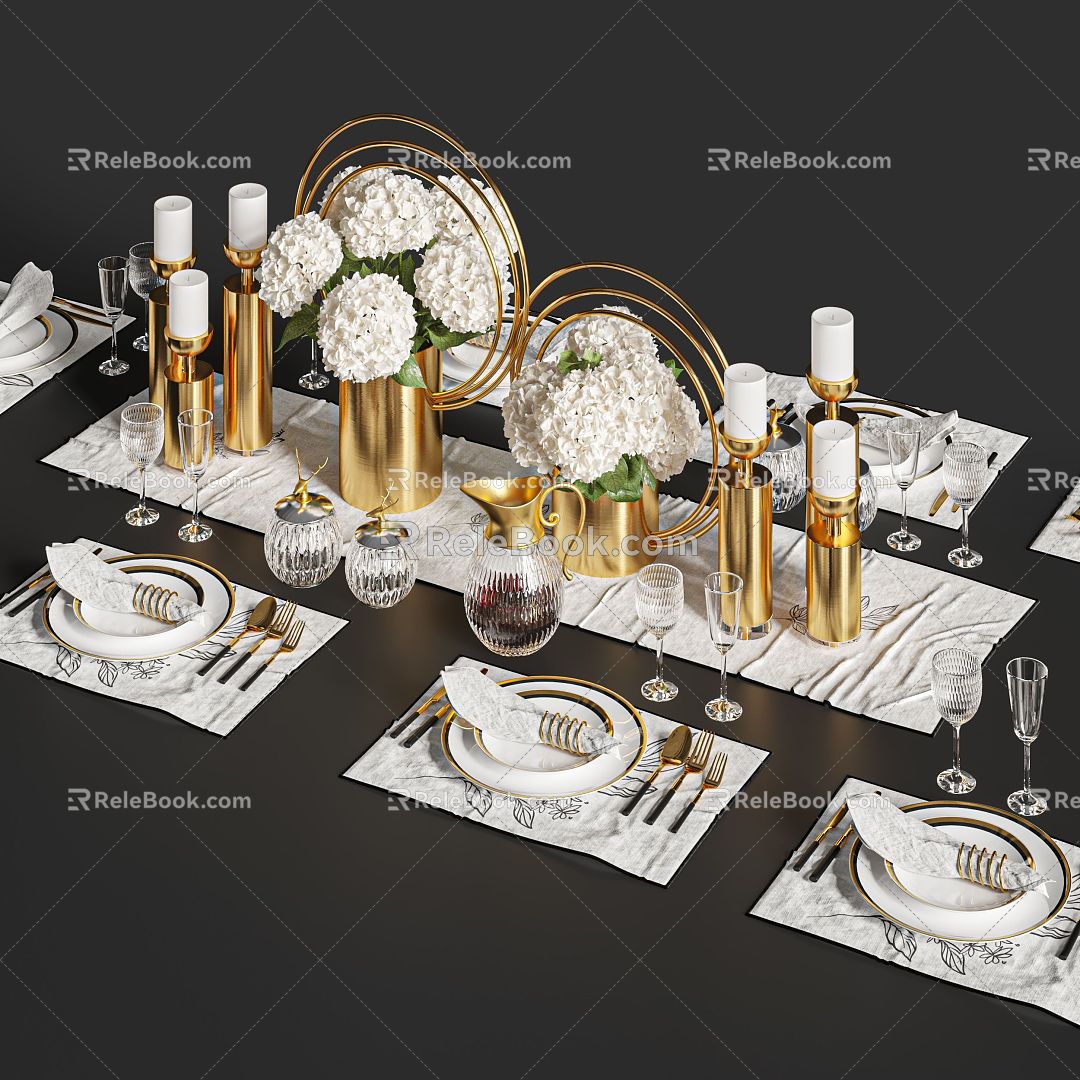 Dining Table Dining Table Tableware Dinner Plate Vase Wine Glass Light Luxury Candle Candle Holder Knife and Fork Dining Cloth Kettle Flower 3d model