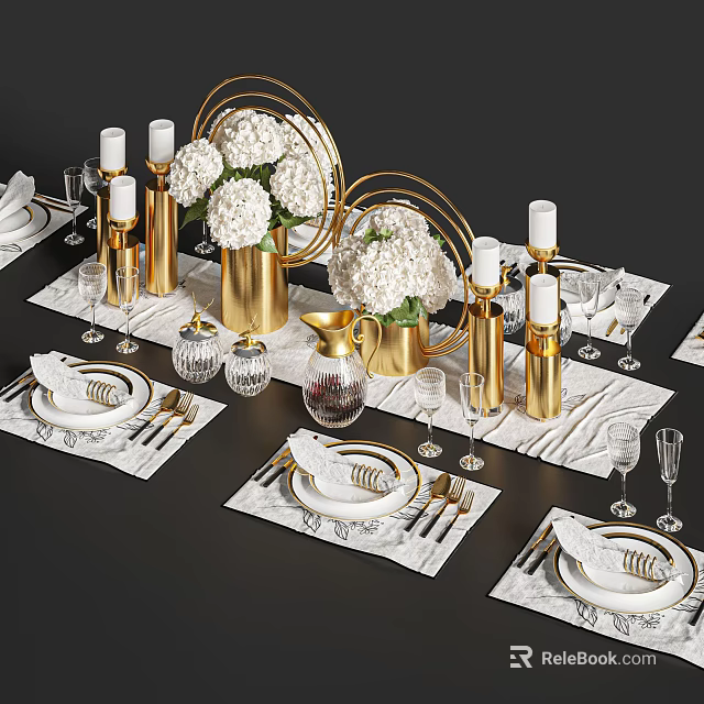 Elegant Dining Table Set With White Flower Bouquets Gold Decorative Items Tableware And Marble Placemats 3d model 