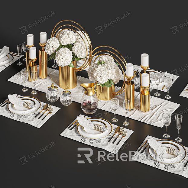 Dining Table Dining Table Tableware Dinner Plate Vase Wine Glass Light Luxury Candle Candle Holder Knife and Fork Dining Cloth Kettle Flower model