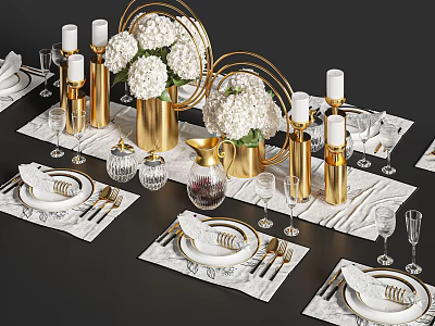 Dining Table Dining Tableware Dinner Plate Vase Wine Glass Light Luxury Candle Holder Knife and Fork Dining Cloth Kettle Flower 3d model