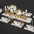 Elegant Dining Table Set With White Flower Bouquets Gold Decorative Items Tableware And Marble Placemats