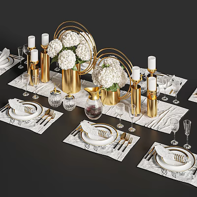 Elegant Dining Table Set With White Flower Bouquets Gold Decorative Items Tableware And Marble Placemats 3d model