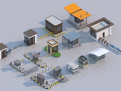 Various Security Booths Boom Barriers And Access Control Facilities For Entrance Areas 3d model