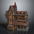 Cartoon Style Vintage House With Wooden Structure Red Roof Chimney Windows And Signboard