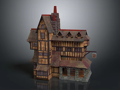 Cartoon Style Vintage House With Wooden Structure Red Roof Chimney Windows And Signboard 3d model