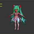 Anime Style Game Movie Character With Long Blue Hair Red Bows White Purple Dress