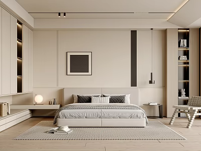 Modern Bedroom Interior Design With Minimalist Bed Nightstand Lamp Wall Art And Rug 3d model