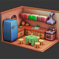 Cartoon Kitchen Scene Featuring Blue Refrigerator Red Cabinets Green Drawers Checkered Tablecloth And Small Stools