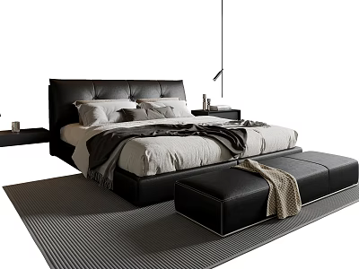 Modern Double Bed With Black Leather Headboard White Sheets Gray Blanket Black Nightstand And Bench 3d model