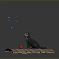 Gray Cat Sitting on Rustic Wooden Platform with Red Ball and Blue Butterflies