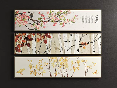 Nature Themed Wall Art Featuring Pink Blossoms Birds Red Leaves and Yellow Branches 3d model