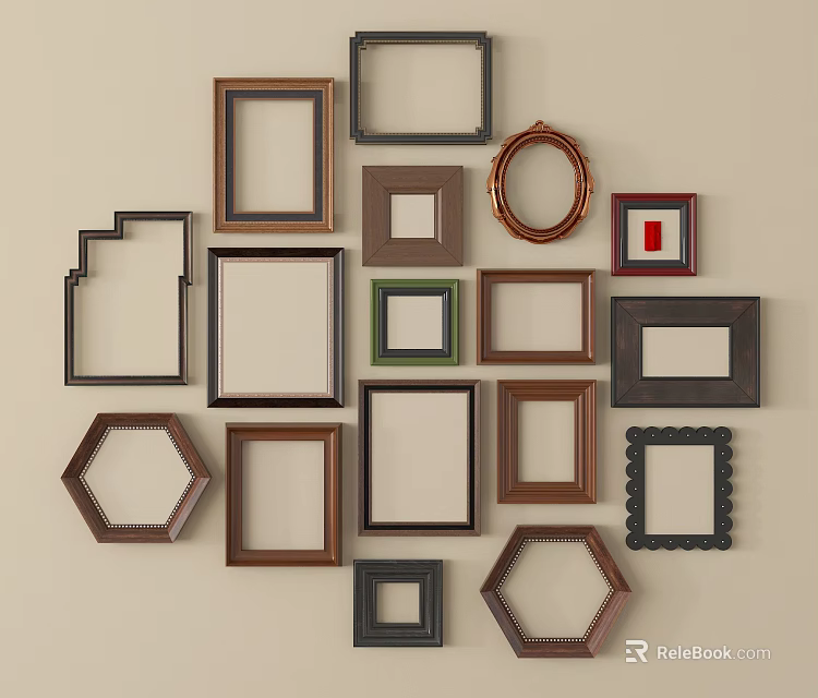 Various Shapes And Colors Picture Frames Hanging On Wall For Home Decor 3d model 