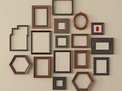 Various Shapes And Colors Picture Frames Hanging On Wall For Home Decor 3d model