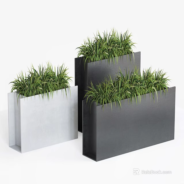 Fresh Green Grass Growing In Modern Rectangular Gray And Black Planters 3d model