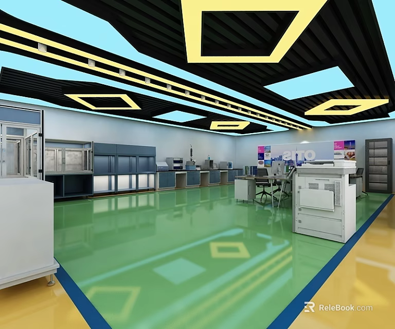 Modern Laboratory Interior With Green Floor Equipment Cabinets And Ceiling Lighting 3d model