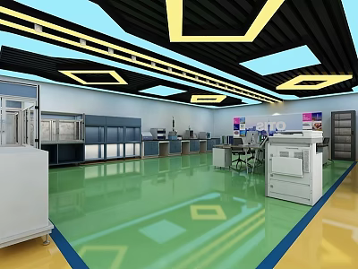 Modern Laboratory Interior With Green Floor Equipment Cabinets And Ceiling Lighting 3d model