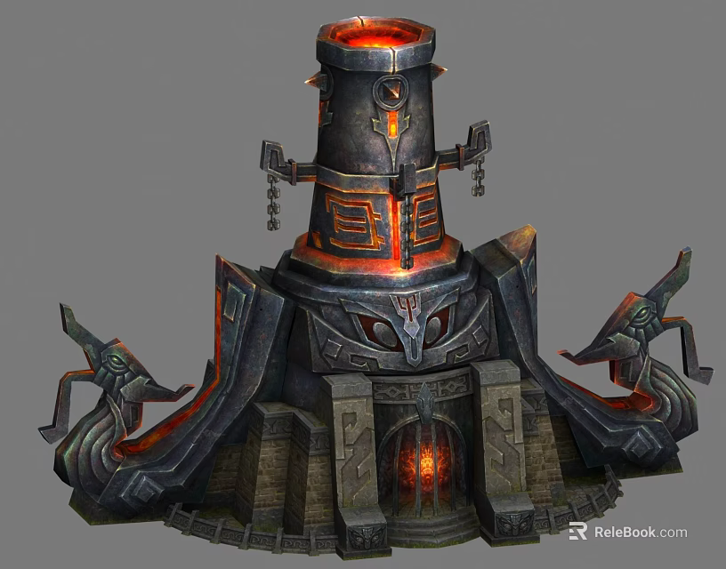 Ancient Stove with Flames Intricate Carvings Mythical Beast Decorations Grand Structure and Glowing Base 3d model 