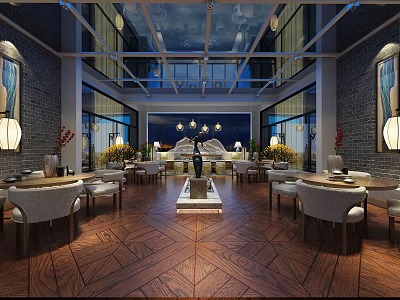 Modern Chinese Restaurant Lobby With Chandeliers Tables Chairs Wooden Floor And Decorative Paintings 3d model