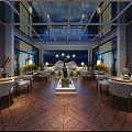 Modern Chinese Restaurant Lobby With Chandeliers Tables Chairs Wooden Floor And Decorative Paintings