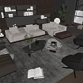 Modern Living Room Sofa and Coffee Table Set with Fabric Seating Marble Top Armchairs and Area Rug