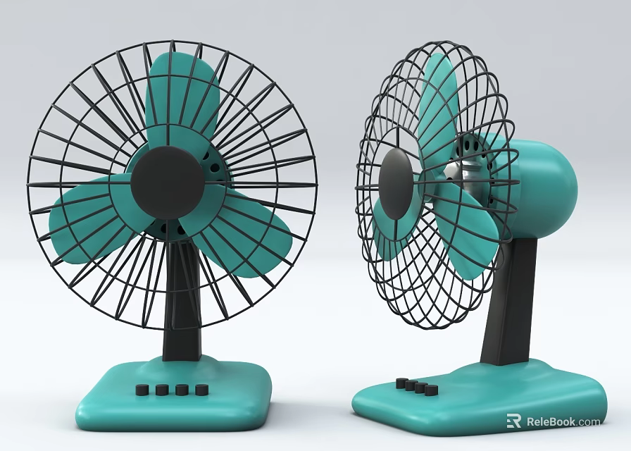 Teal Air Cooler Fan With Black Metal Grills Square Base And Control Buttons 3d model 