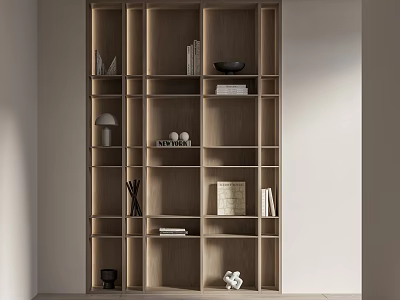 Modern Wooden Bookcase With Open Display Shelves Decorations And Books In Interior 3d model