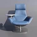 Modern Blue Fabric Single Sofa with Attached Side Table and Silver Metal Base