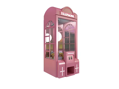 Pink Telephone Booth Style Claw Machine Play Equipment With Stuffed Toys Inside 3d model