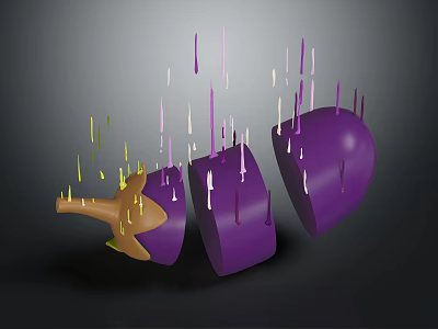 Fresh Purple Eggplant Being Sliced into Thin Pieces with Splashing Juice Drops 3d model