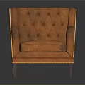 Elegant Orange Leather Tufted Armchair With Gold Stitching And Wooden Legs