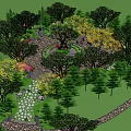 Scenic Park Landscape With Red Umbrellas Outdoor Seating Green Trees And Stone Pavement