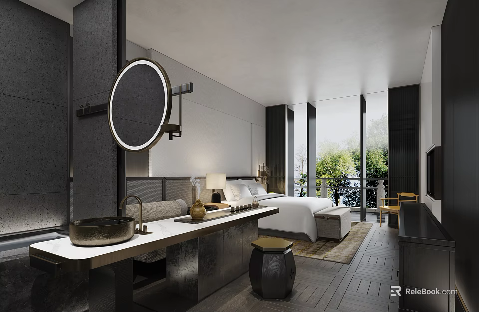 Modern Hotel Guest Room Interior Design With Round Mirror Vanity Comfortable Bed And Greenery View 3d model 