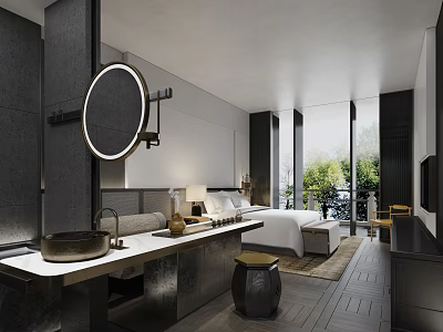 Modern Hotel Guest Room Interior Design With Round Mirror Vanity Comfortable Bed And Greenery View 3d model