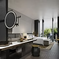 Modern Hotel Guest Room Interior Design With Round Mirror Vanity Comfortable Bed And Greenery View