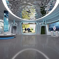 Futuristic Interior Space With Wavy Reflective Ceiling Illuminated Displays And Green Views