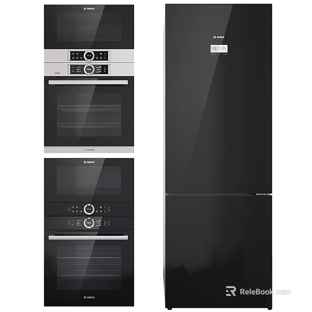Modern Black Kitchen Appliances With Oven Refrigerator And Stainless Steel Design 3d model 