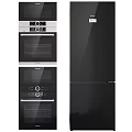 Modern Black Kitchen Appliances With Oven Refrigerator And Stainless Steel Design