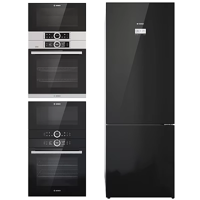 Modern Black Kitchen Appliances With Oven Refrigerator And Stainless Steel Design 3d model