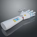 Human Operated Robotic Arm With White Body Blue Details And Yellow Sensor Modules