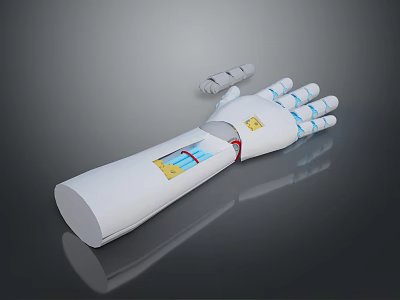 Human Operated Robotic Arm With White Body Blue Details And Yellow Sensor Modules 3d model