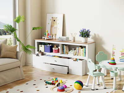 Cozy Living Room Interior With Beige Sofa Large Window Green Plant And Children Toys 3d model