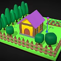 Cartoon House With Purple Roof Yellow Walls Wooden Fence Green Trees Vegetable Garden And Path