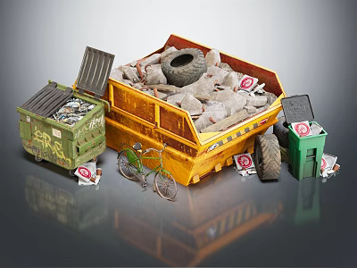 Public Waste Management Facilities With Dumpster Trucks And Trash Bins 3d model