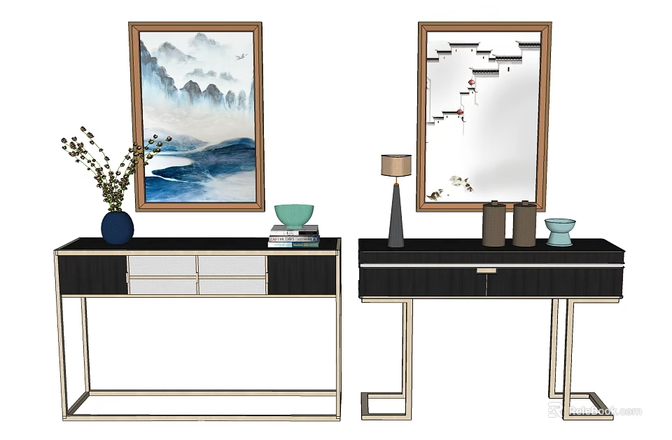 Oriental Style Entryway Console Table And Side Cabinet With Vase Lamp Mirror Painting And Books 3d model 