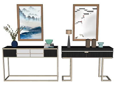Oriental Style Entryway Console Table And Side Cabinet With Vase Lamp Mirror Painting And Books 3d model