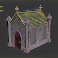 Traditional Stone Church Building With Green Tiled Roof Pointed Towers And Wooden Door